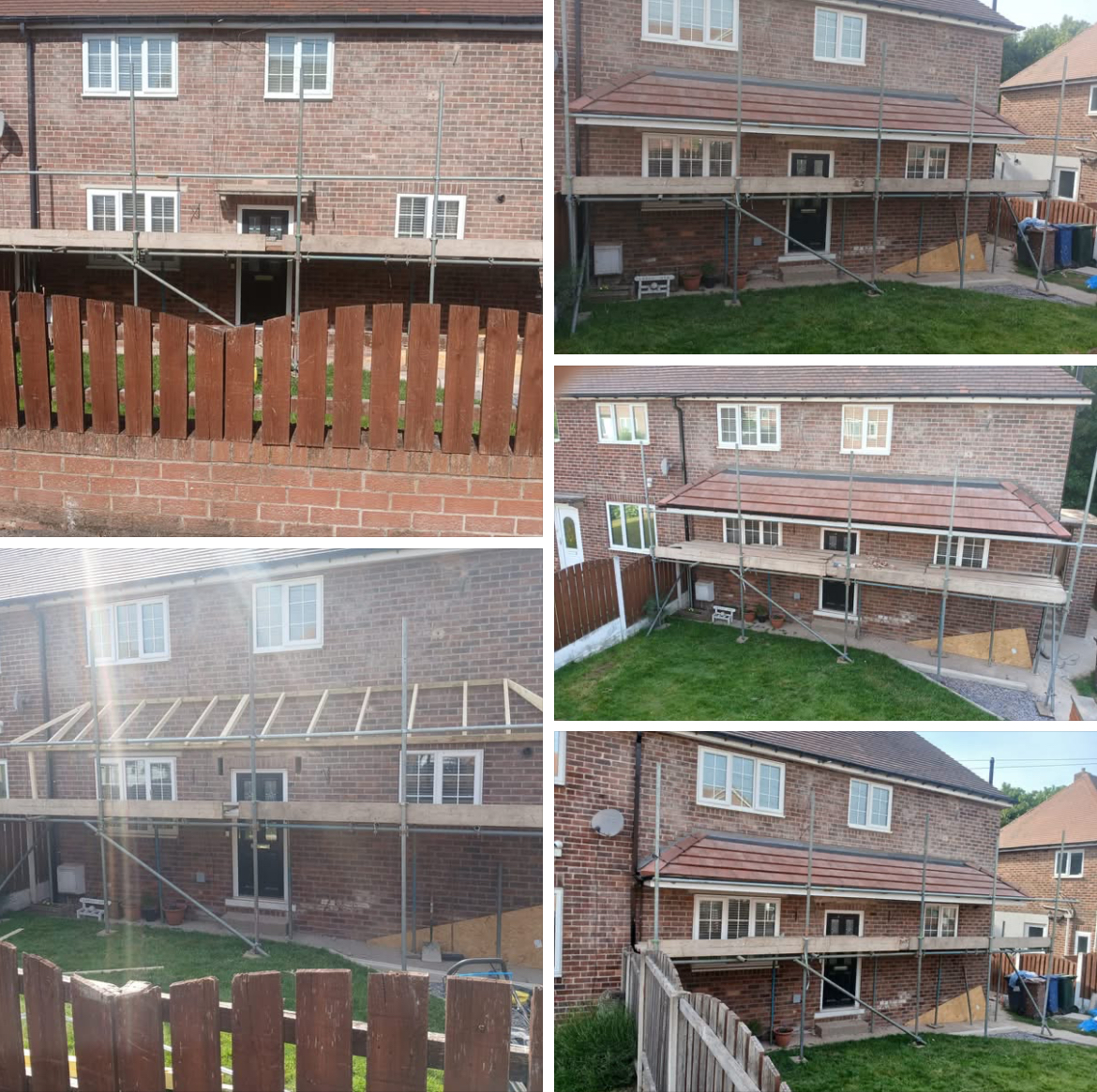 Collage of canopy installation stages on the rear of a brick property