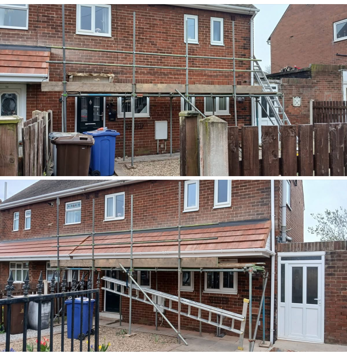 Detailed before and after canopy job images on a house exterior