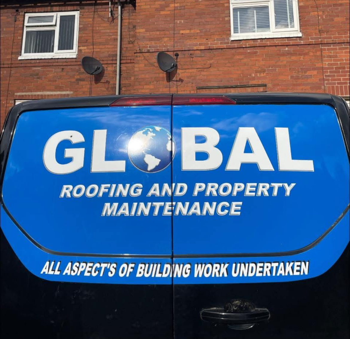 Back doors of the company van showing the Global Roofing and Property Maintenance branding